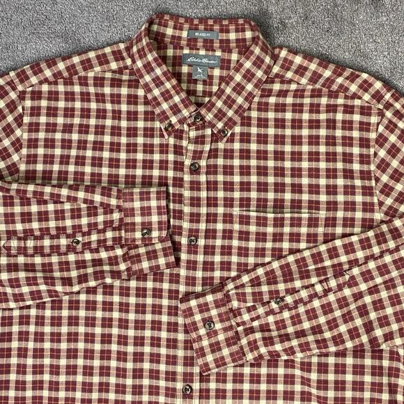 Eddie Bauer Relaxed Fit Mens Large Burgundy Grey Yellow Plaid Long Sleeve Shirt - Picture 3 of 12